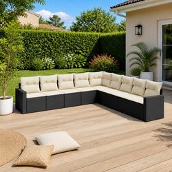 9 Piece Outdoor Garden Sofa Set Black Poly Rattan Patio Furniture with Cushions