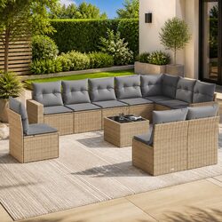 Outdoor Sectional Sofa Set 11 Piece Garden Furniture Beige Poly Rattan with