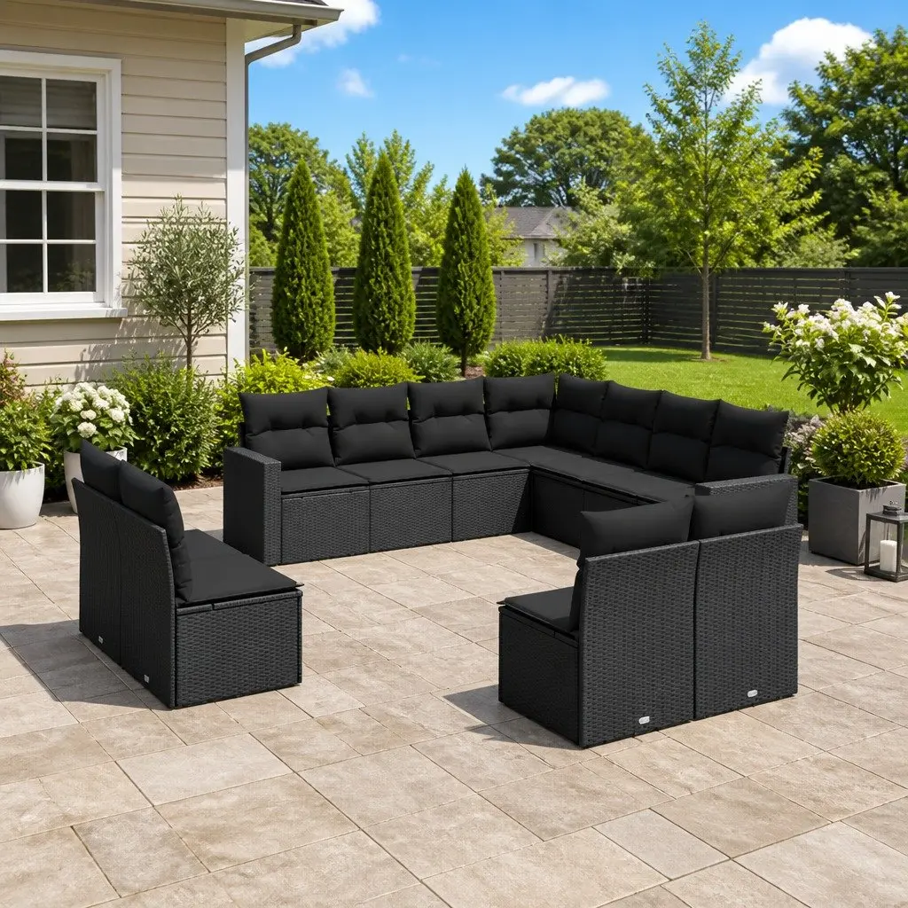 Outdoor Garden Sofa Set Black 11 Piece Modular Sectional with Thickly Padded Cushions and Integrated Storage