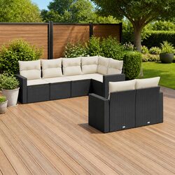 7 Piece Outdoor Garden Sofa Set Black Poly Rattan Patio Sectional Furniture