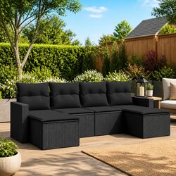 6 Piece Garden Sofa Set Black Poly Rattan Outdoor Sectional Patio Furniture