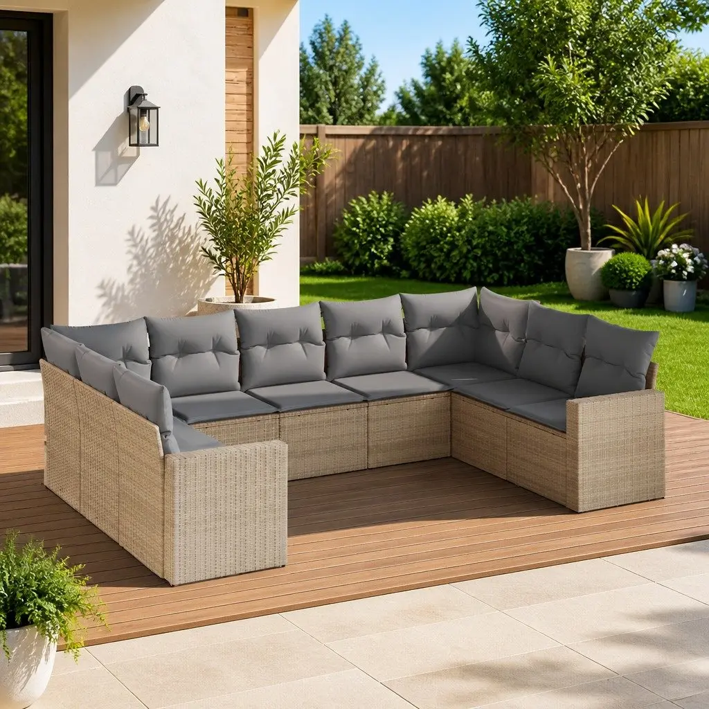 9 Piece Outdoor Garden Sofa Set Beige Modular Sectional with Removable Washable Cushions and Under-Seat Storage