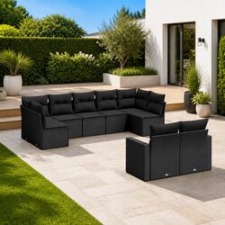 9 Piece Black Poly Rattan Sofa Set for Relaxing