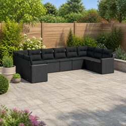 Outdoor Sectional Sofa Set 10 Piece Black Poly Rattan Garden Furniture with