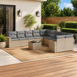 11 Piece Garden Sofa Set Beige Outdoor Sectional Rattan Patio Furniture with