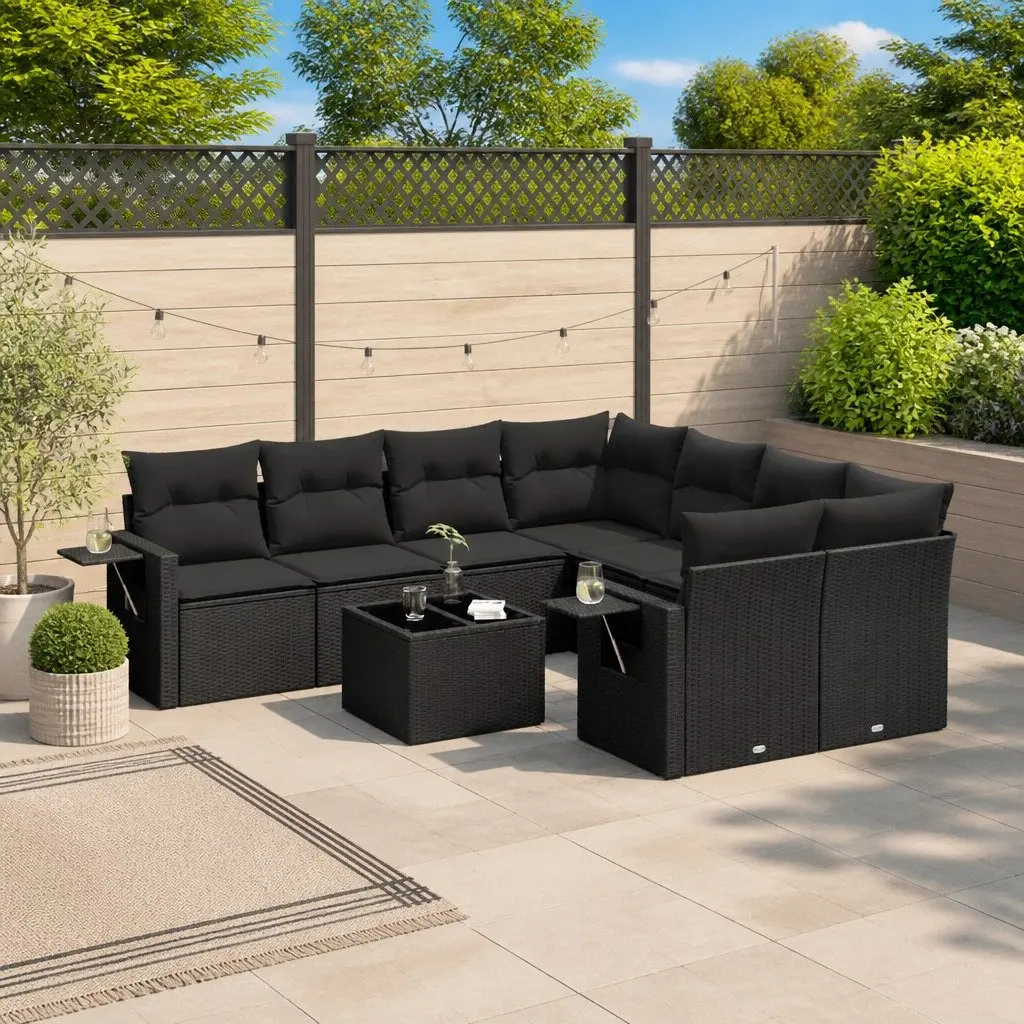 Garden Sofa Set Black 9 Piece Modular Outdoor Furniture with Cushions and Storage