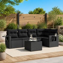 Garden Sofa Set 6 Piece Outdoor Furniture Black Poly Rattan with Storage
