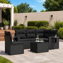 Garden Sofa Set 6 Piece Outdoor Furniture Black Poly Rattan with Cushions