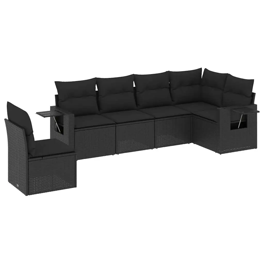 Garden Sofa Set Black 6 Piece Modular Outdoor Furniture with Storage Compartment and Foldable Side Table