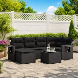 7 Piece Garden Sofa Set Outdoor Patio Furniture Black Poly Rattan with Cushions