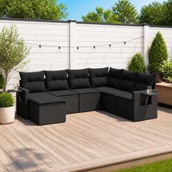 7 Piece Outdoor Garden Sofa Set with Storage Cushions Black Poly Rattan Patio