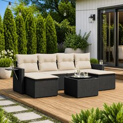 7 Piece Outdoor Garden Sofa Set Black PE Rattan Modular Patio Furniture Cushions
