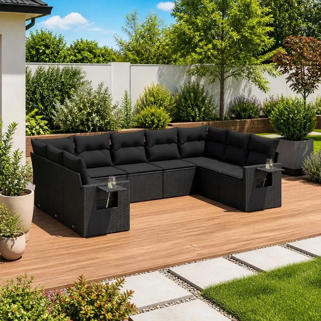 Garden Sofa Set Black 9 Piece Outdoor Furniture Poly Rattan with Cushions
