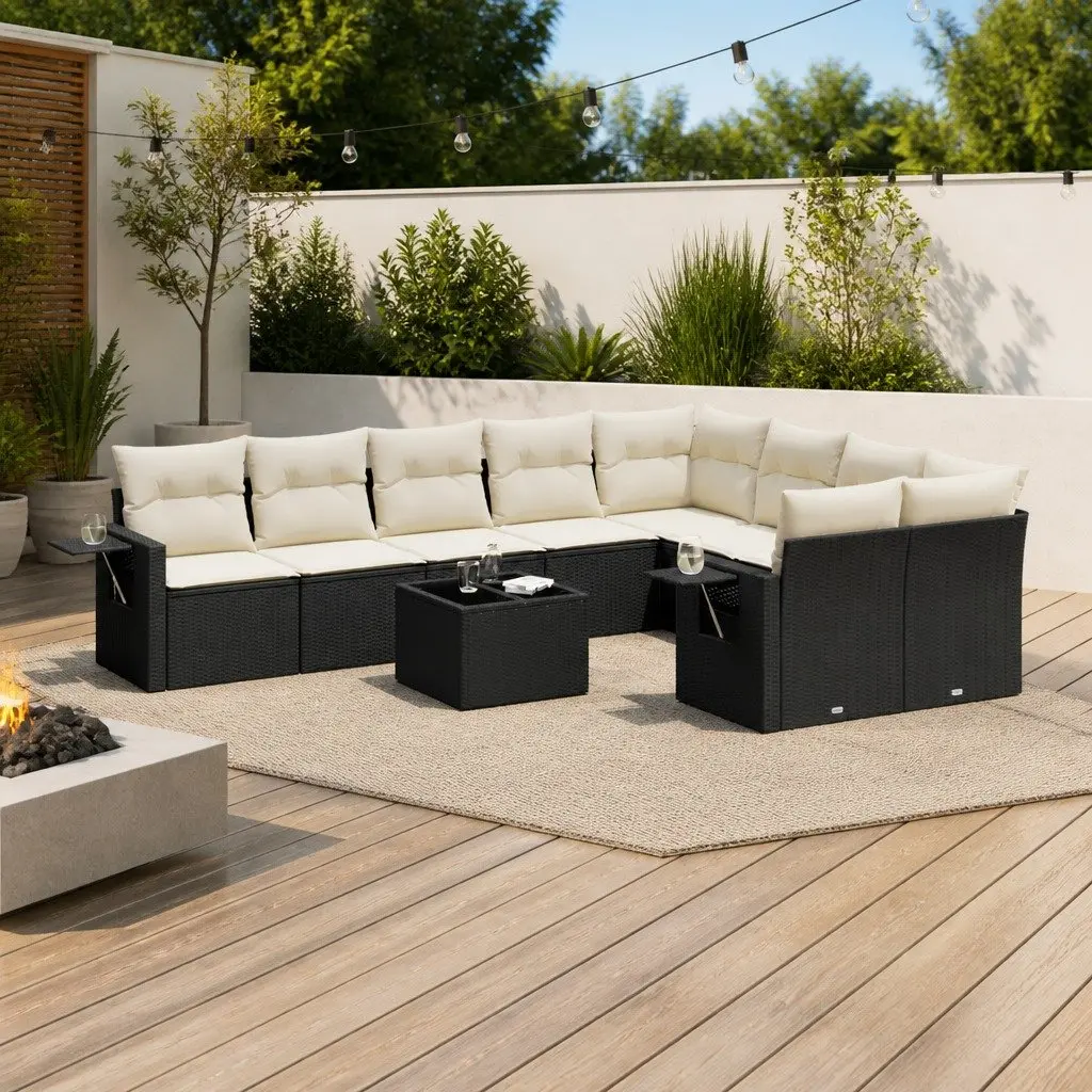 Garden Sofa Set Black 10 Piece Modular Outdoor Furniture PE Rattan with Removable Cushions
