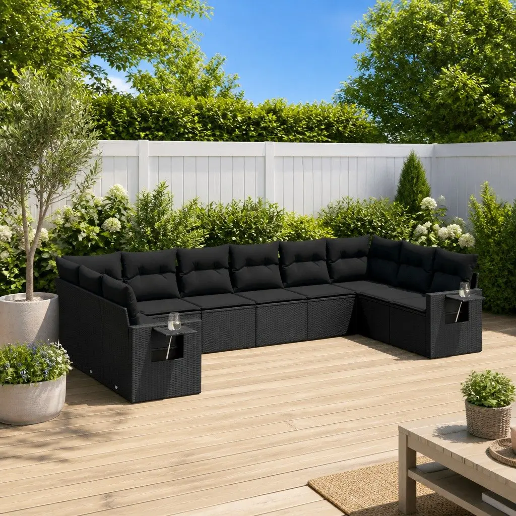 Garden Sofa Set Black 10 Piece Modular Outdoor Furniture with Storage and Foldable Side Table