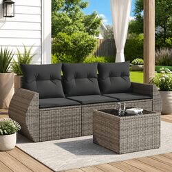 4 Piece Garden Sofa Set Grey Poly Rattan Outdoor Furniture Patio Lounge Cushions