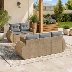 Garden Sofa Set 6 Piece Outdoor Furniture with Storage Cushions Beige Rattan
