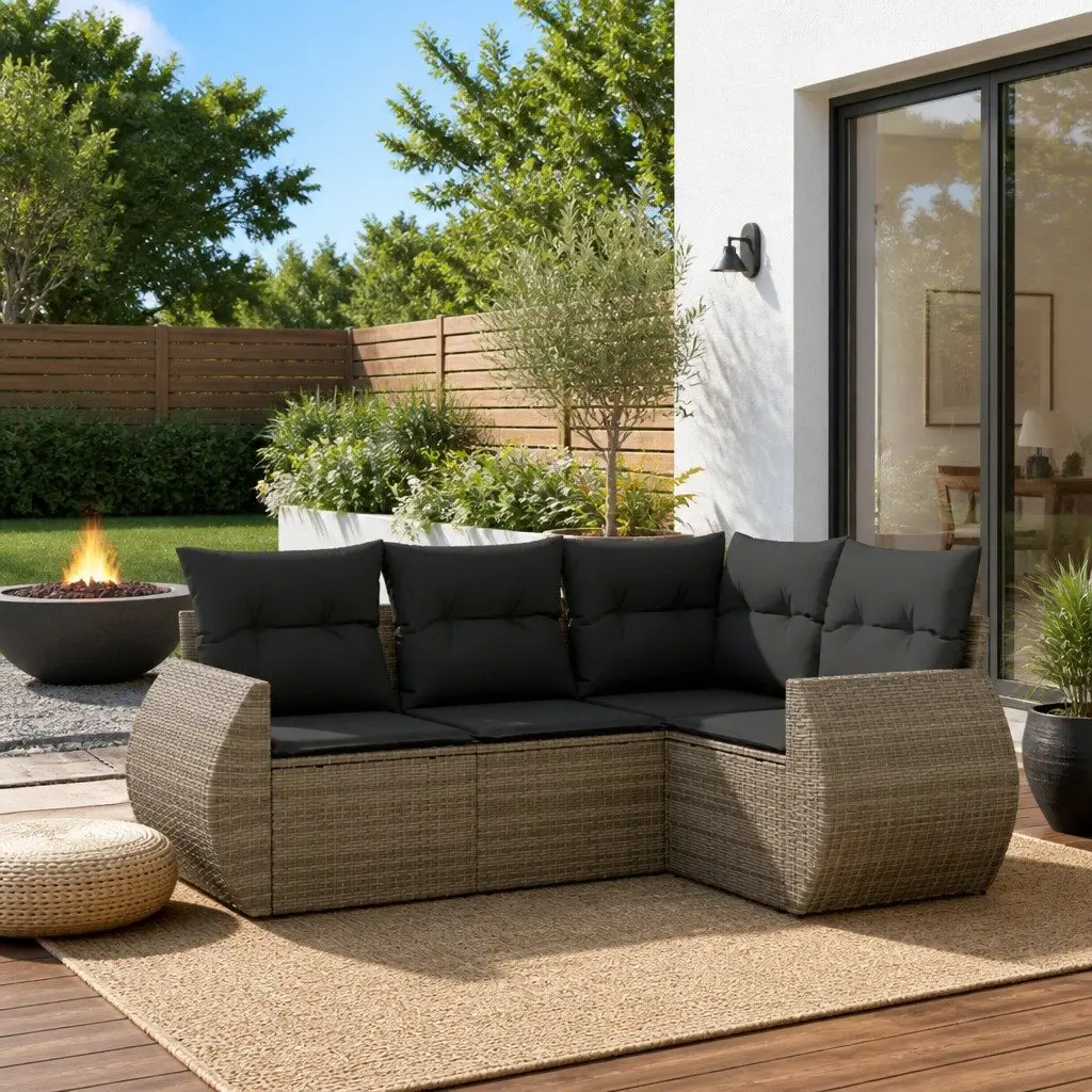 4 Piece Garden Sofa Set Grey Outdoor Furniture with Storage Cushions