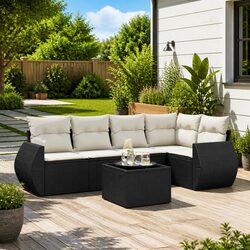 Garden Sofa Set 6 Piece Outdoor Furniture Black Poly Rattan Patio Lounge with