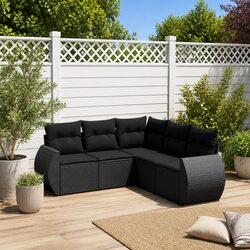 5 Piece Garden Sofa Set Outdoor Patio Furniture Black Poly Rattan with Cushions