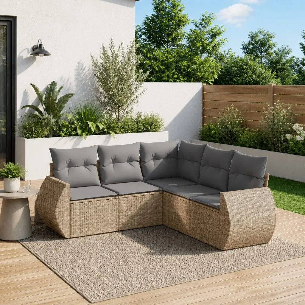 Outdoor Garden Sofa Set 5 Piece Beige Poly Rattan Patio Furniture with Storage