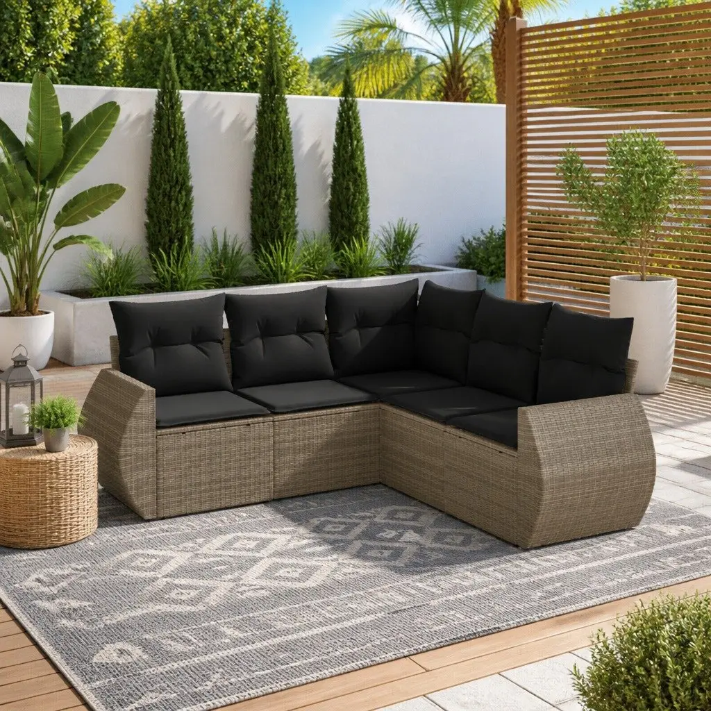 5 Piece Modular Outdoor Furniture Set Grey PE Rattan Sofa with Removable Cushions and Storage Compartments