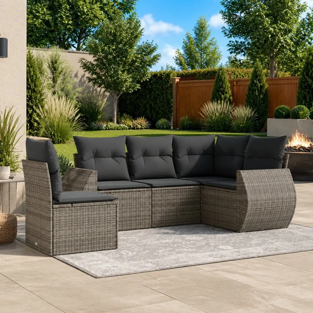 5-Piece Grey Poly Rattan Sofa Set with Storage