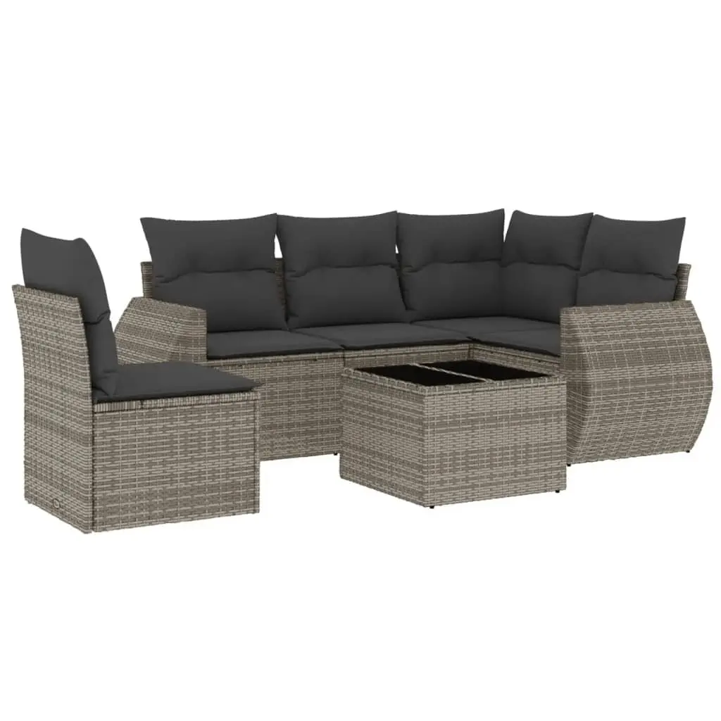 Garden Sofa Set Grey 6 Piece Modular Outdoor Furniture PE Rattan Tempered Glass Tabletop