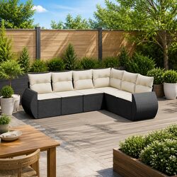 6 Piece Garden Sofa Set with Cushions Black Poly Rattan Outdoor Furniture