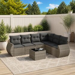 Garden Sofa Set 7 Piece Outdoor Furniture with Storage Grey Poly Rattan Patio