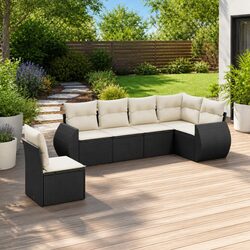 6 Piece Garden Sofa Set Black Poly Rattan Outdoor Furniture with Cushions