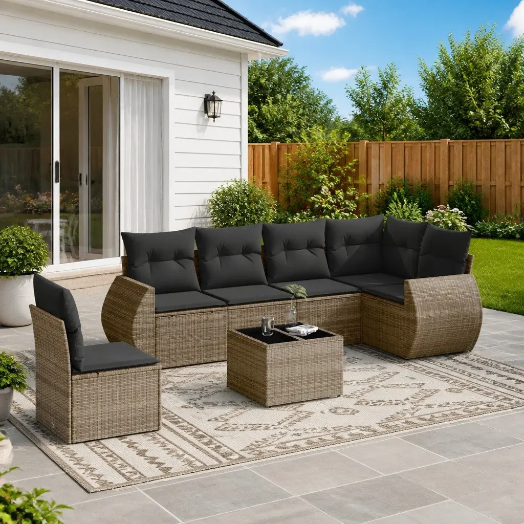 7 Piece Garden Sofa Set Grey Poly Rattan Outdoor Furniture Patio Sectional With