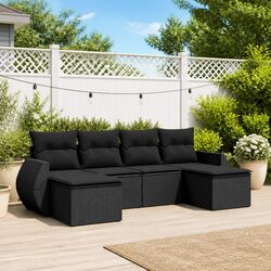 Garden Sofa Set 6 Piece Outdoor Furniture Black Poly Rattan Patio Seating
