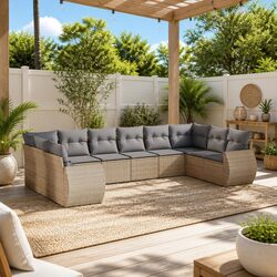 Garden Sofa Set 10 Piece Outdoor Furniture Patio Beige Poly Rattan with Cushions