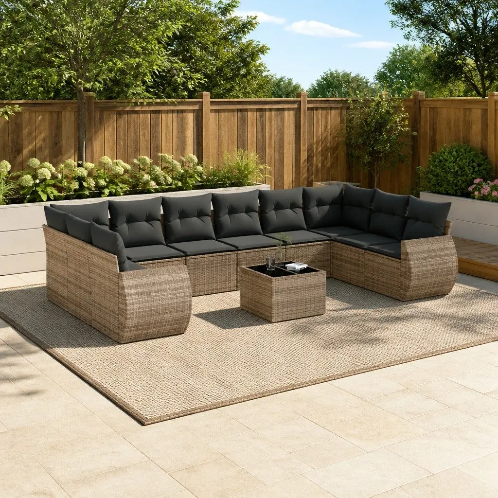 Garden Sofa Set Grey 11 Piece Modular Outdoor Furniture with Storage Function and Tempered Glass Tabletop