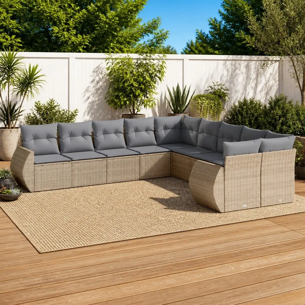10 Piece Outdoor Garden Sofa Set Beige Poly Rattan with Cushions and Storage