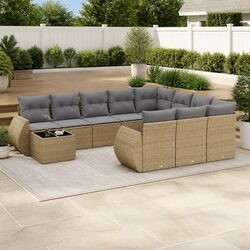 Garden Sofa Set 11 Piece Outdoor Furniture Patio Beige Poly Rattan with Cushions