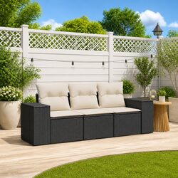 Garden Sofa Set 3 Piece Black Poly Rattan Outdoor Furniture Patio with Cushions