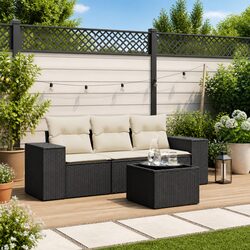 4-Piece Black Garden Sofa Set with Glass Table
