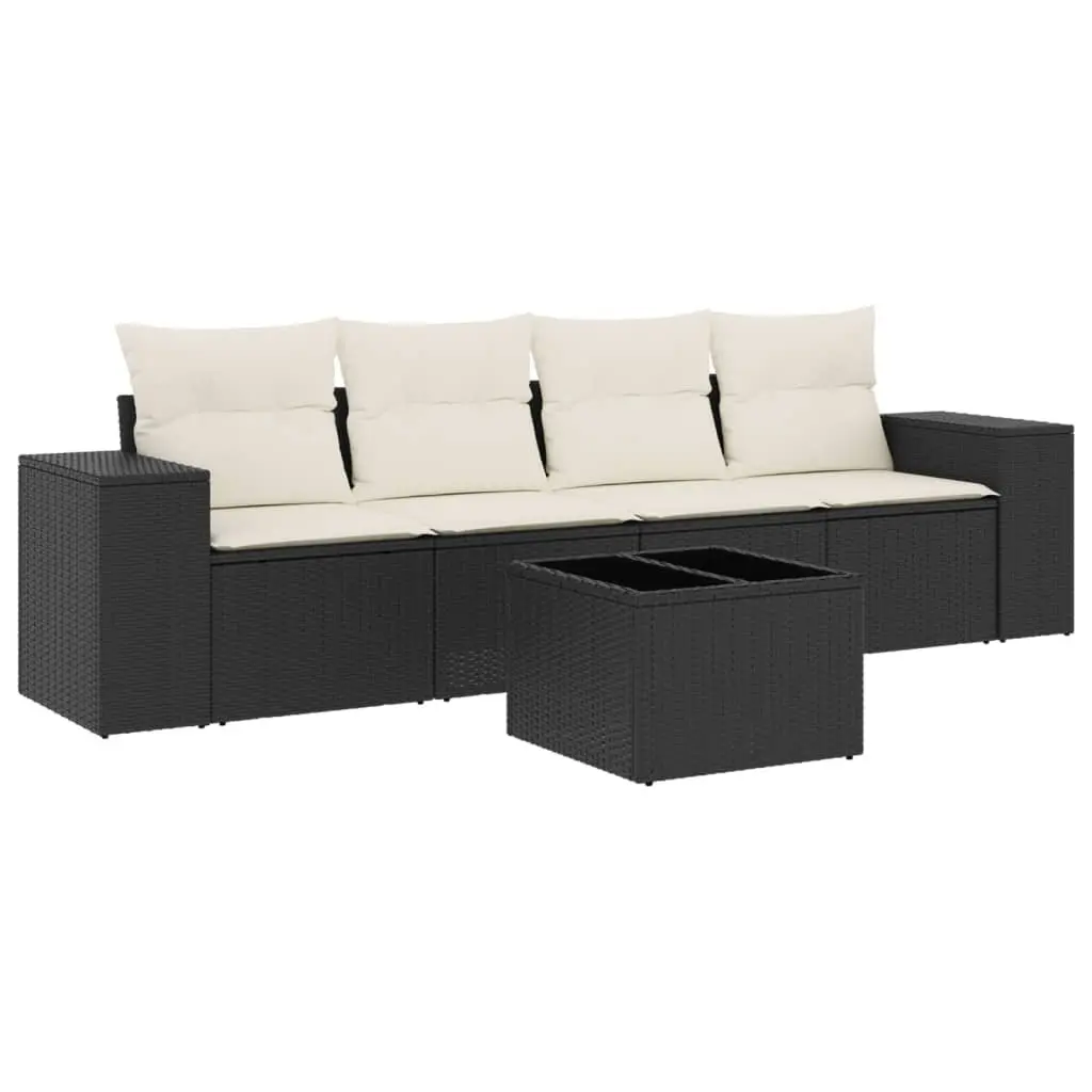Garden Sofa Set Black 5 Piece Modular Outdoor Furniture PE Rattan with Tempered Glass Table and Removable Cushion Covers