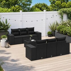 7 Piece Garden Sofa Set Outdoor Furniture Black Poly Rattan Patio Lounge with