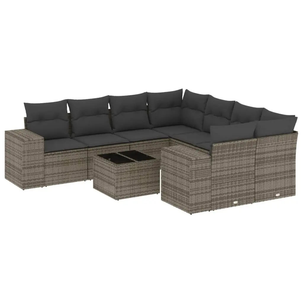 Garden Sofa Set Grey 9 Piece Outdoor Furniture Patio Sectional PE Rattan with Tempered Glass Top