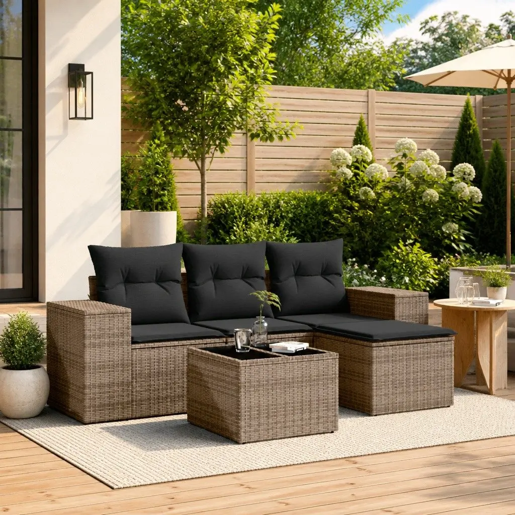 Garden Sofa Set Grey 5 Piece Outdoor Furniture Poly Rattan Patio Seating with Storage Function and Tempered Glass Tabletop