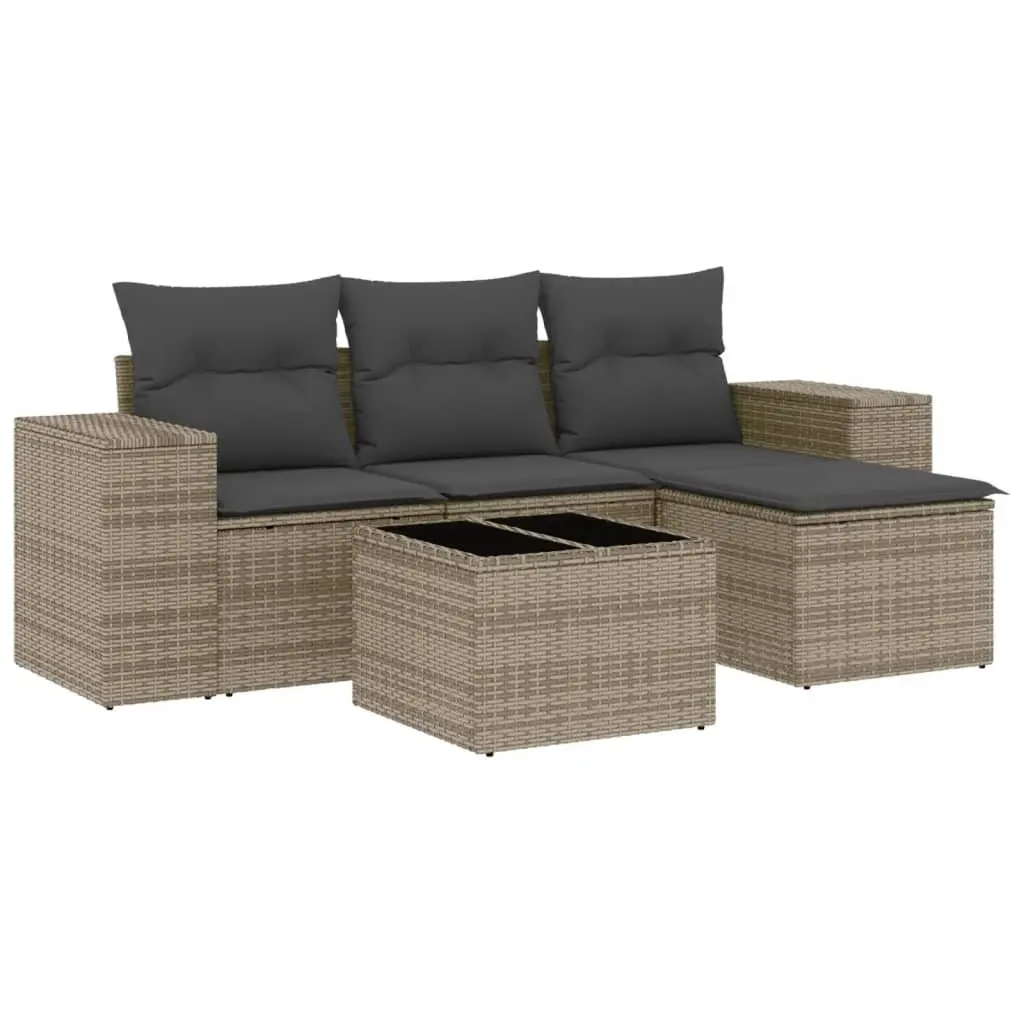 Garden Sofa Set Grey 5 Piece Outdoor Furniture Poly Rattan Patio Seating with Storage Function and Tempered Glass Tabletop