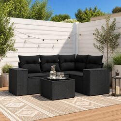 5 Piece Black Poly Rattan Garden Sofa Set