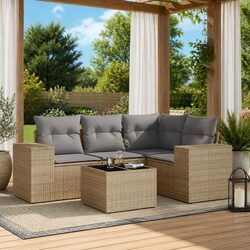 Outdoor Garden Sofa Set 5 Piece Beige Poly Rattan Patio Furniture with Storage