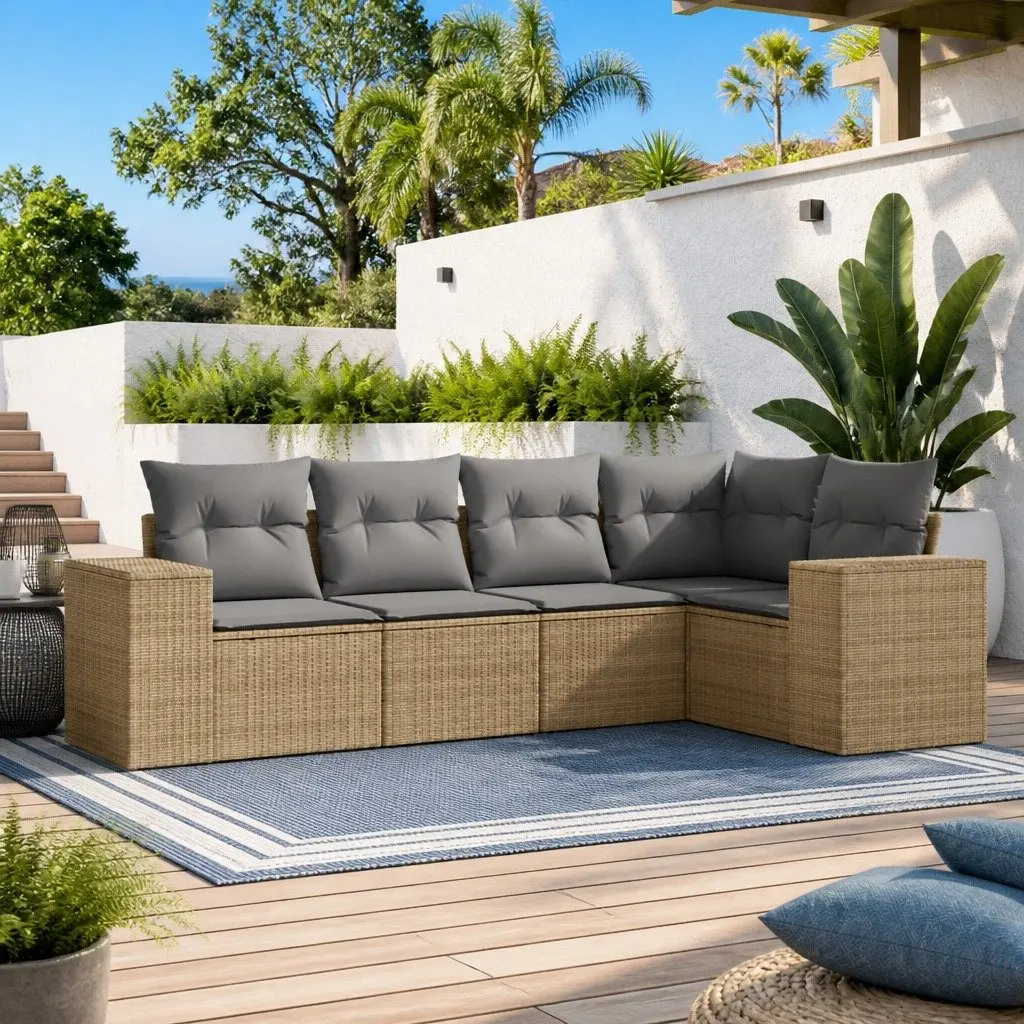 Garden Sofa Set 5 Piece Outdoor Furniture Beige Poly Rattan Patio Seating