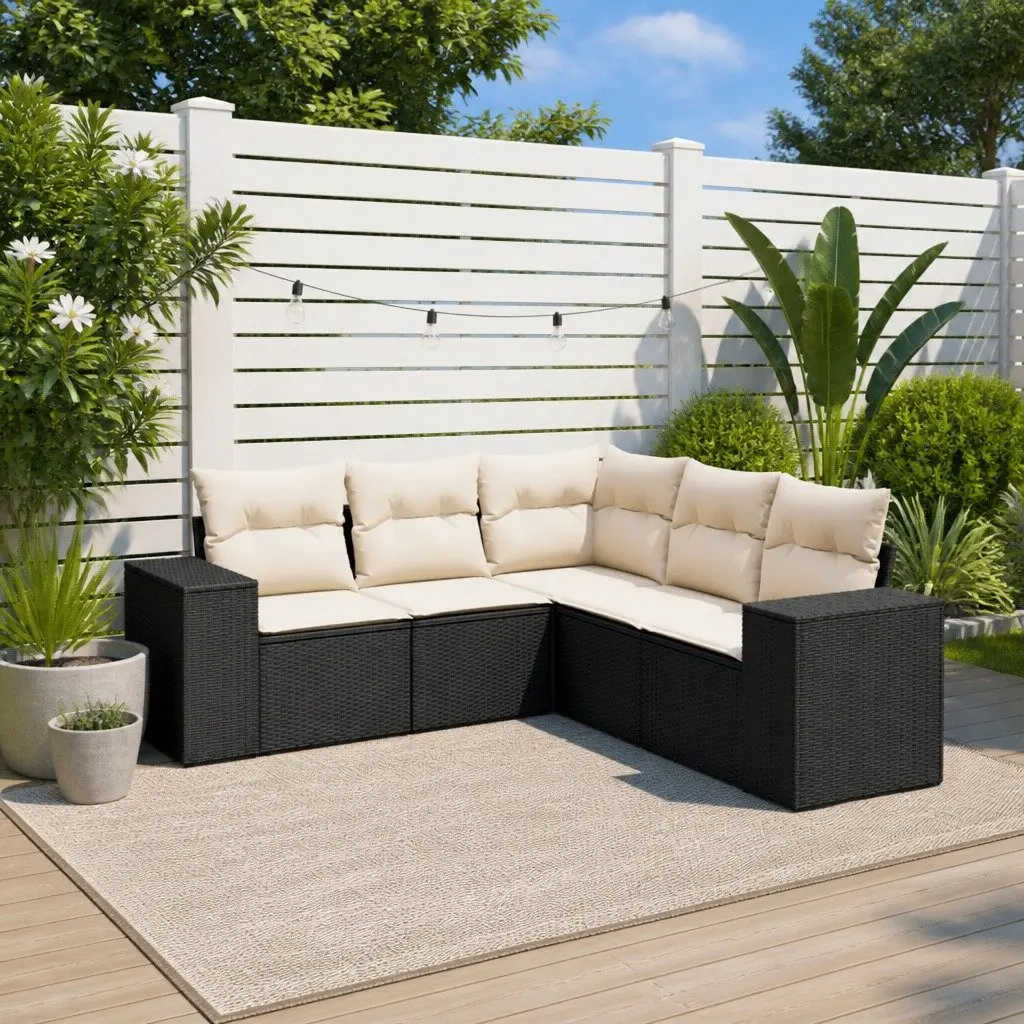 Garden Sofa Set Black 5 Piece Outdoor Furniture Rattan Sectional with Storage