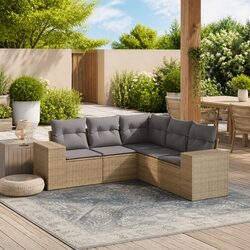 5 Piece Garden Sofa Set Beige Poly Rattan Outdoor Furniture Patio Lounge with