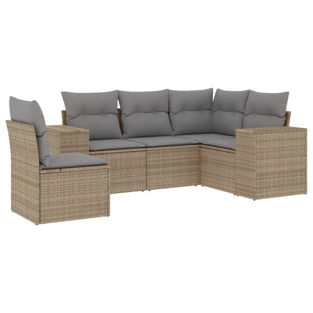 5 Piece Garden Sofa Set Beige Poly Rattan Outdoor Patio Furniture with Cushions